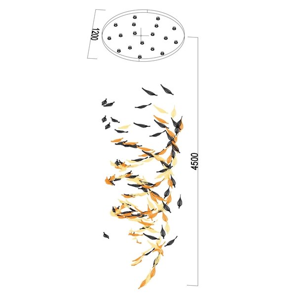 Đèn chùm pha lê thả thông minh PL045 gồm 160 lá lông vũ , 18 mắt COB dimmer có điều khiển xa, mâm tròn inox gương trắng, KT(mm): D1200 x H4500
